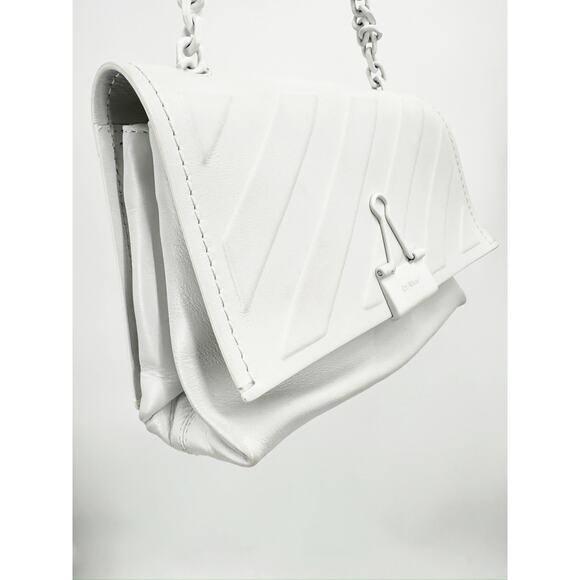 Off White White Leather Embossed Diagonal Stripe Soft Binder Clip Shoulder Bag - Picture 11 of 12